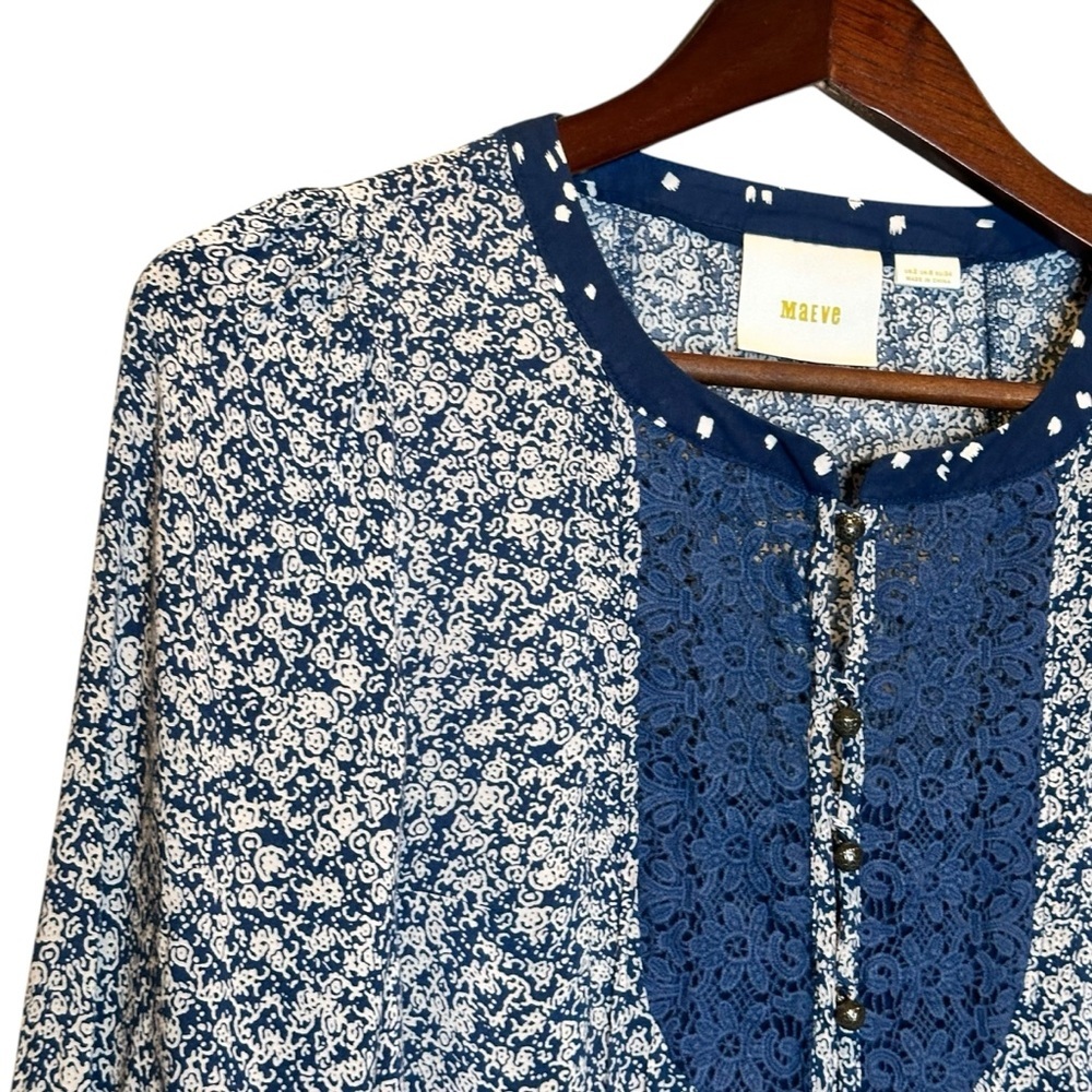 (Sold)ANTHROPOLOGIE MAEVE Hiver Peasant Blue Blouse Lace Detail Size 2 - Picture 3 of 9